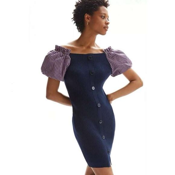 MAEVE ANTHROPOLOGIE Navy Ribbed Knit Mini Puff Gingham Short Sleeve Dress SZ S - Picture 2 of 4
